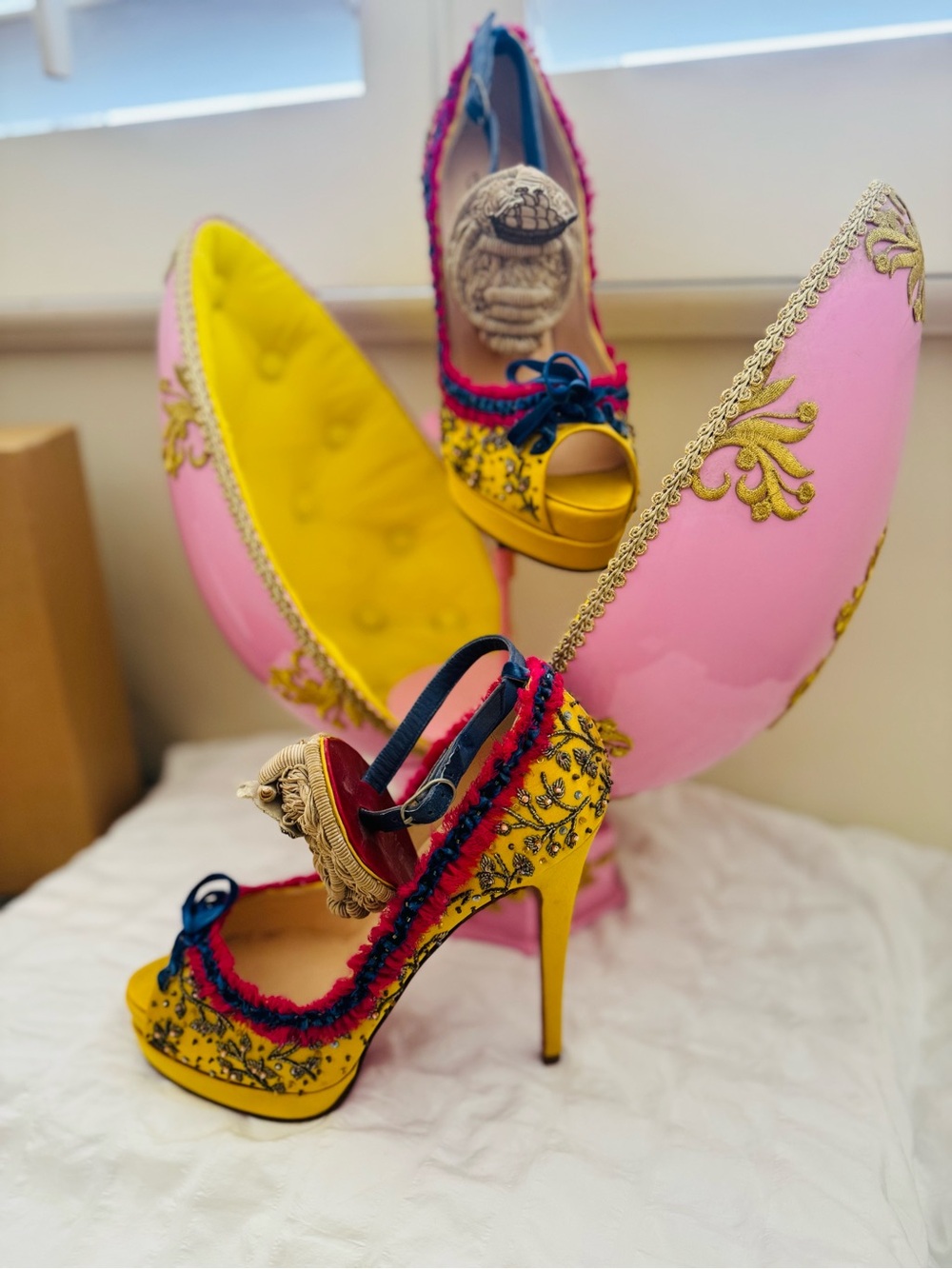 Christian Louboutin Yellow Embroidered Peep-Toe Platform Heels with Navy Trim - Picture 2 of 12